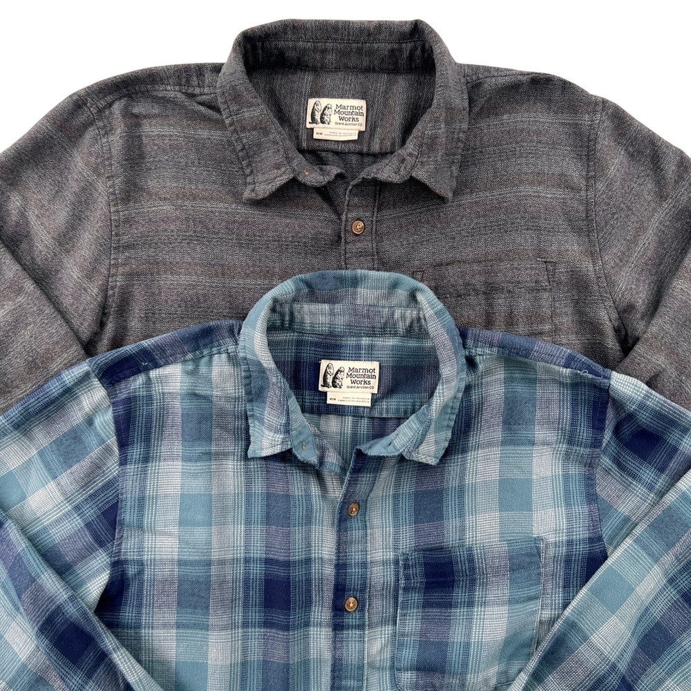 Marmot Mountain Works Flannel Shirt Lot of 2 Men Medium Plaid‎ Stripe Button Up
